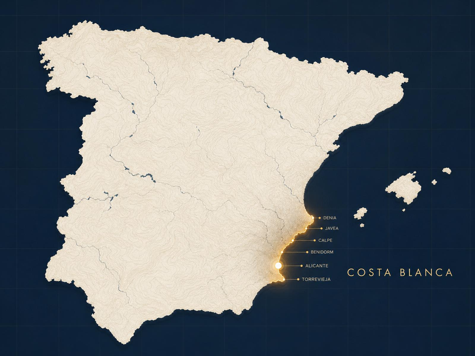 Mapa de España con la Costa Blanca destacada — zona de cobertura de Molmex Group
