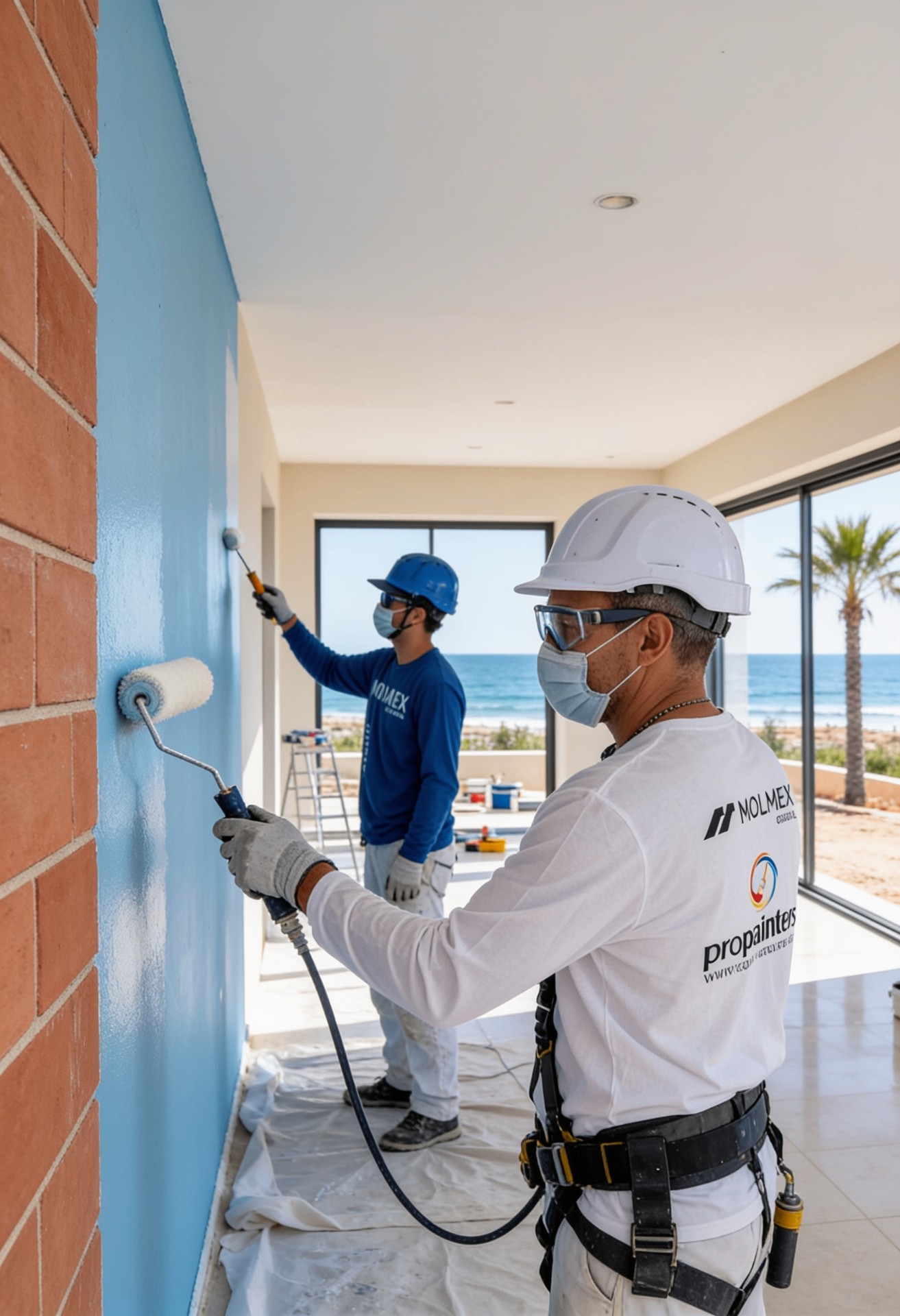 Equipo Propainters aplicando pintura en interior con vistas a la Costa Blanca